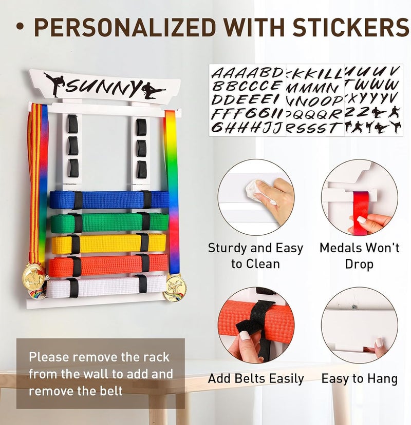 Tilhumt 8 Belt Karate Belt Display Rack with Medal Hanger and Stickers, Taekwondo Belt Display Holder, Martial Arts Belt Display Organizer for Adults, No Assembly Required (Bamboo/Acrylic) - Image 4
